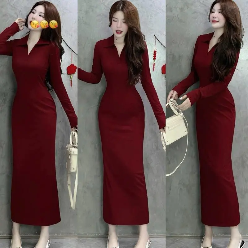 Đầm body dài tay dài cổ bẻ chất liệu gân đũa co giãn từ 40kg - 60kg thoải mái dễ mặc Nữ Women Dress Đỏ