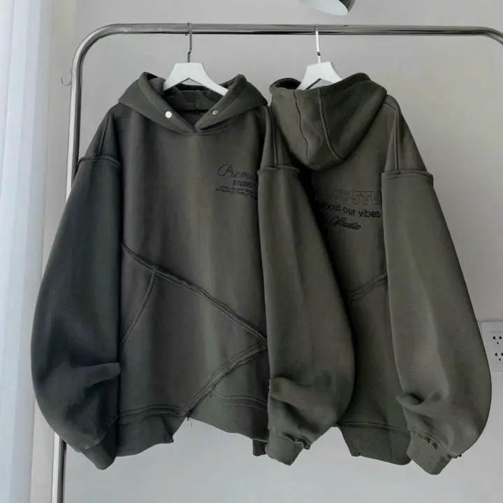 Áo khoác hoodie độc lạ in thân trước thêu thân sau in chữ đặc biệt phối nón 2 lớp có nút bấm Benzen Store Menswear Nam Nhung Dài Tay