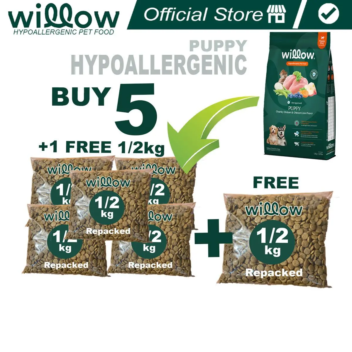 Buy 5+1 Bundle Willow HYPOALLERGENIC Puppy Chunky Chicken and Chicken Liver Dry Dog Food Value pack - Willow Official Store