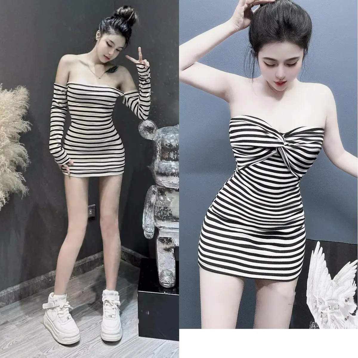 váy body kẻ cup ngực dáng ngắn
