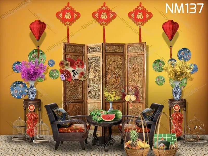 Tranh vải decor Tết mẫu mới 2025 / Phông vải Tết xưa / Nền trang trí Tết nguyên đán (2) 4