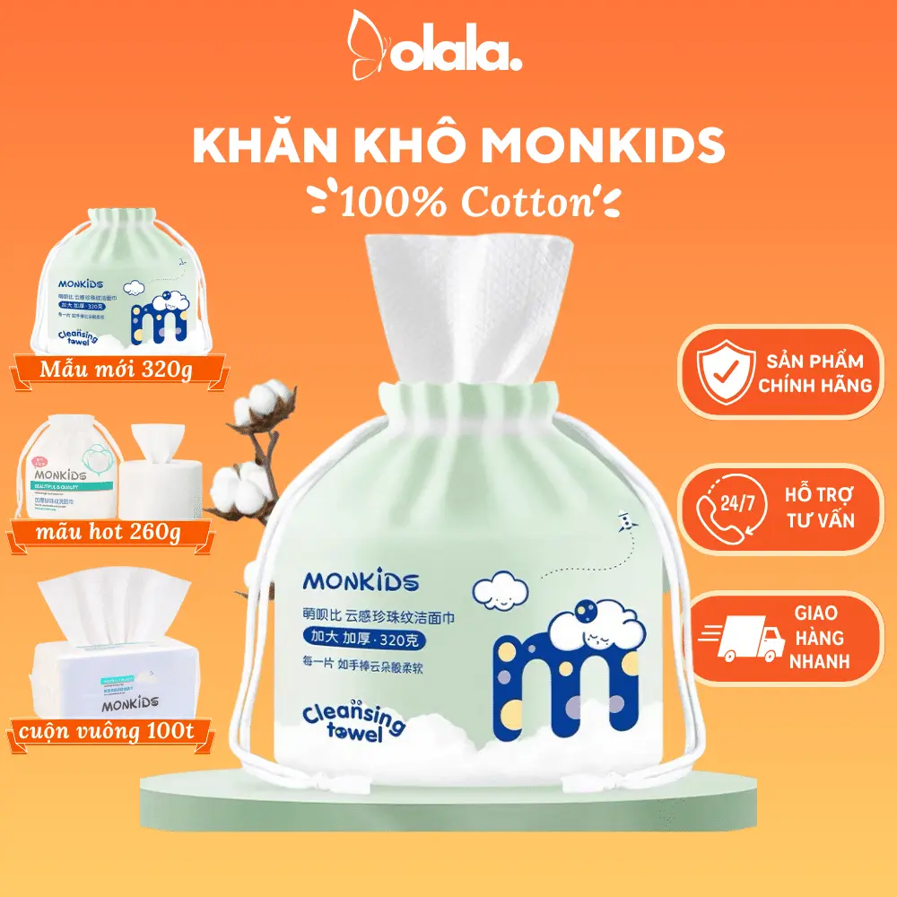 (MONKIDS chất lượng cao) Khăn lau đa năng, tẩy trang hoa văn ngọc trai, lau mặt khô Monkids túi 260g, 320g, vuông 100 tờ