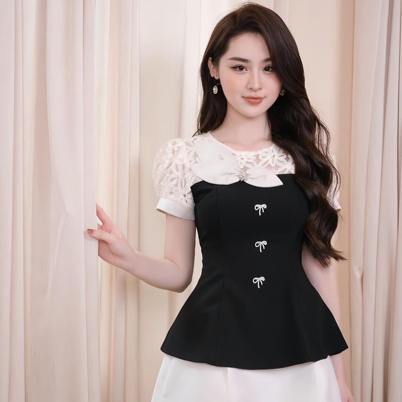 Áo Peplum Phối Ren Kèm 3 Tag Nơ Đá chất tuyết hàn Cổ tròn Top Women