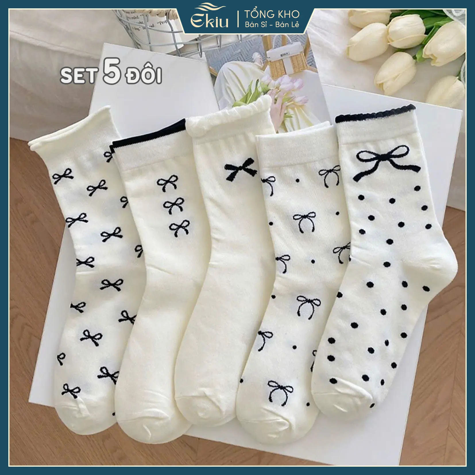 Tất vớ nữ cổ cao EKIU chất liệu cotton, set 5 đôi họa tiết thêu xinh