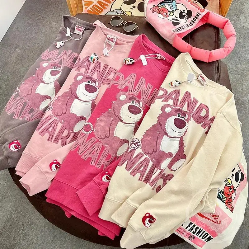 Korean version cartoon anime bear sports shirt, round neck, fashionable versatile hoodie, men's and women's bf loose round neck long sleeved top jacket trendy