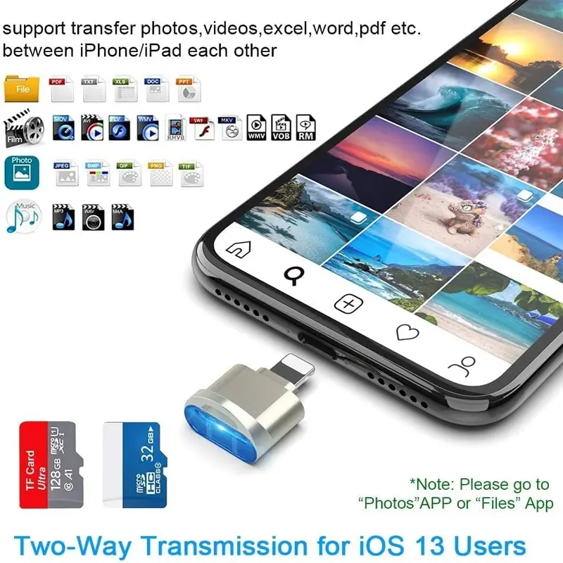 TF Card Reader for iPhone iPad, MicroSD Card Adapter Lightning MS Memory Cards Camera Reader Compatible with iPhone 14/3/12/11 / X / 8 Plus / 8/7 Plus / 7 / 6s Plus/6s/ iPad Mini/Air 1