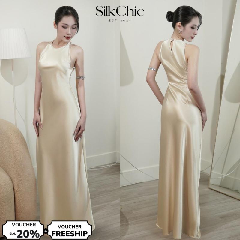 Đầm Lụa Cổ Yếm Dáng Dài Thanh Lịch SC698 Váy Lụa Gài Nút Sang Trọng Dự Tiệc