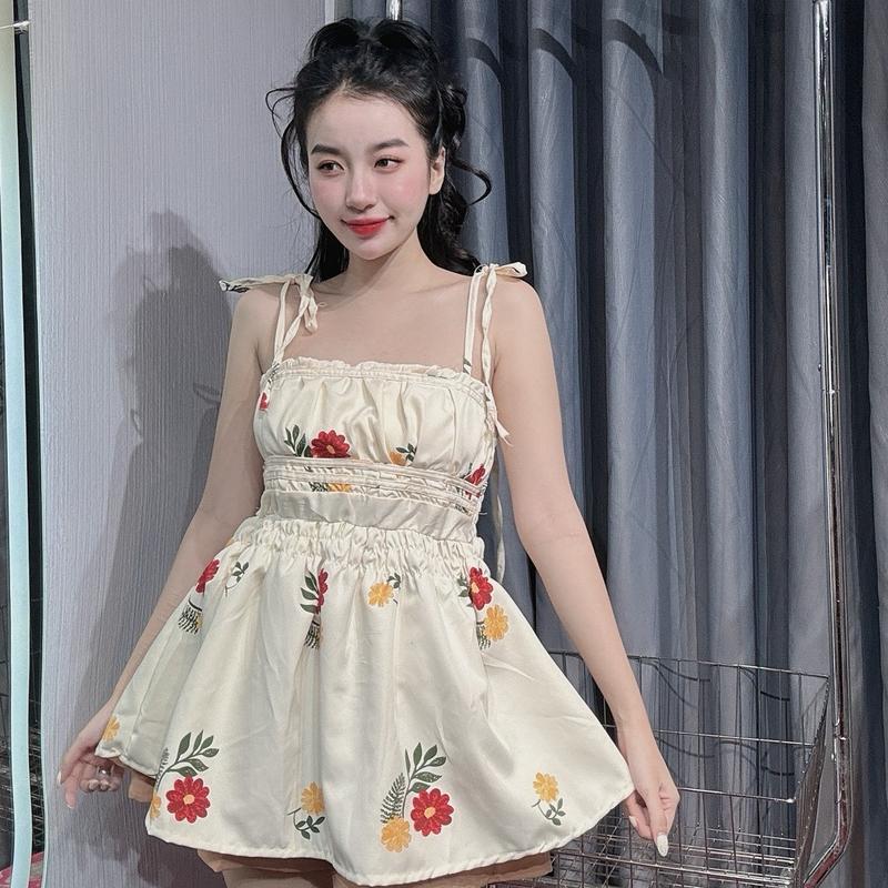  Set babydoll hoa cột dây S198 Nữ Women Top Áo Thun 