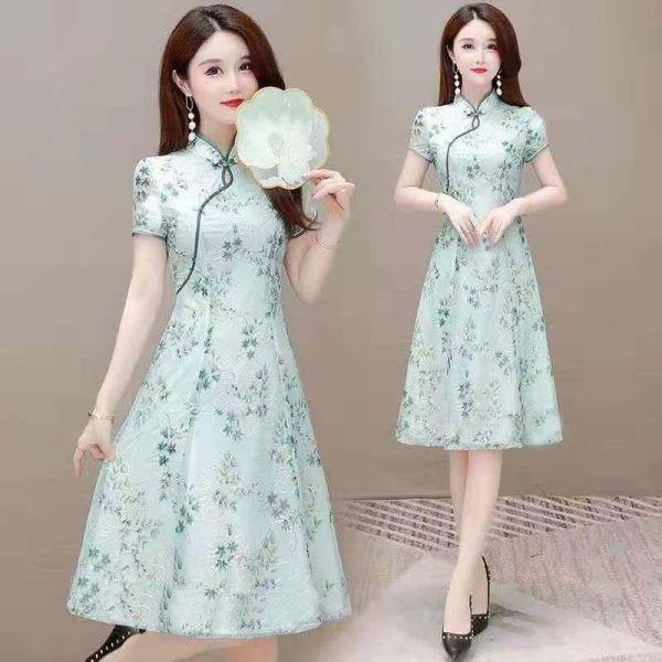 Váy Sườn Xám, Cỡ Lớn (150,00kg), Phong Cách Thanh Lịch Và Duyên Dáng, Dài Trung Bình Váy Hoa Xã Hội, Được Cải Tiến Vào Mùa Hè 0