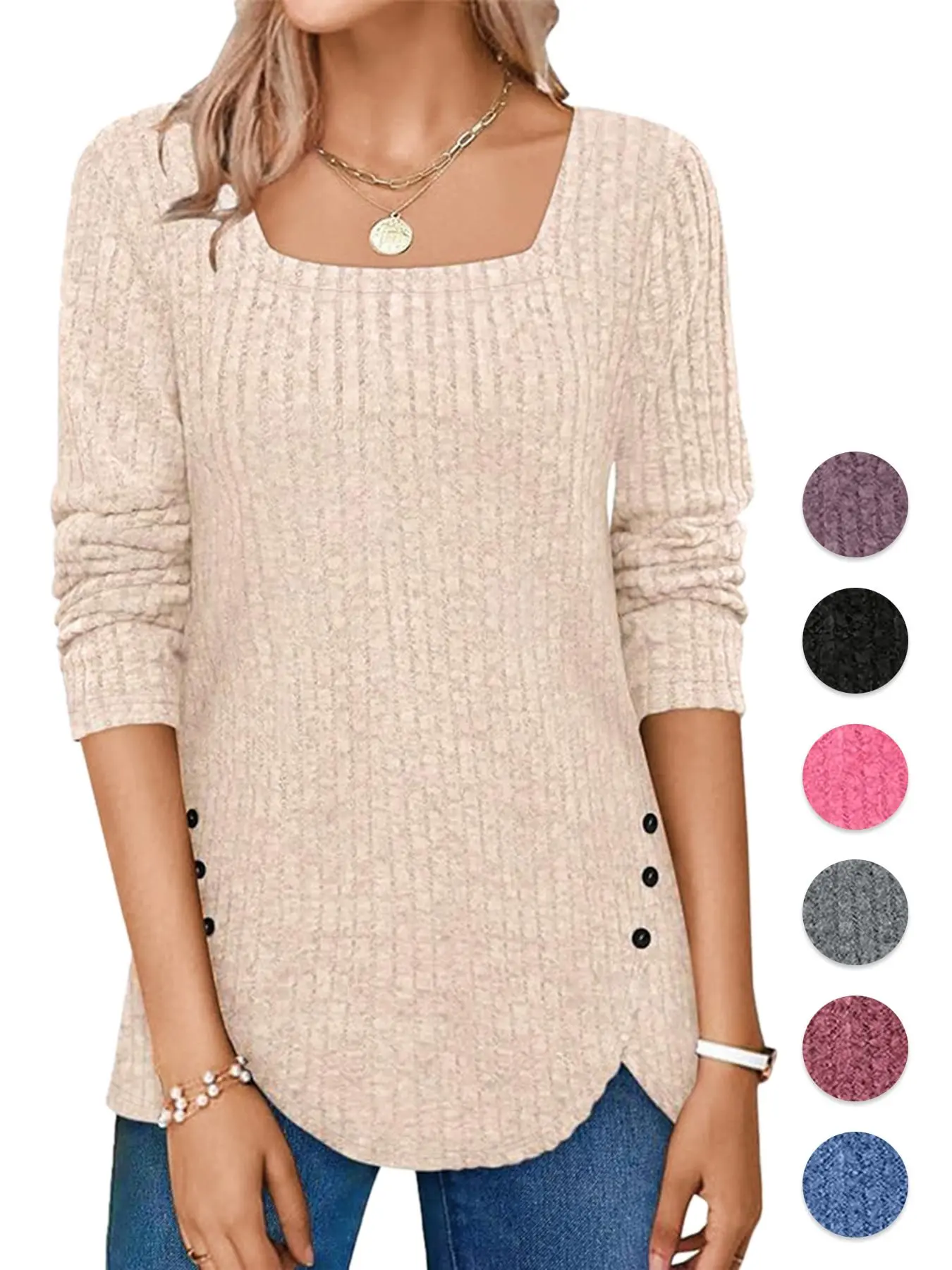 Women's Plain Buttons Wrap Ribbed Knit Top, Casual Long Sleeve Square Neck Sweater for Spring & Fall, Fashion Women's Knit Clothing for Daily Wear