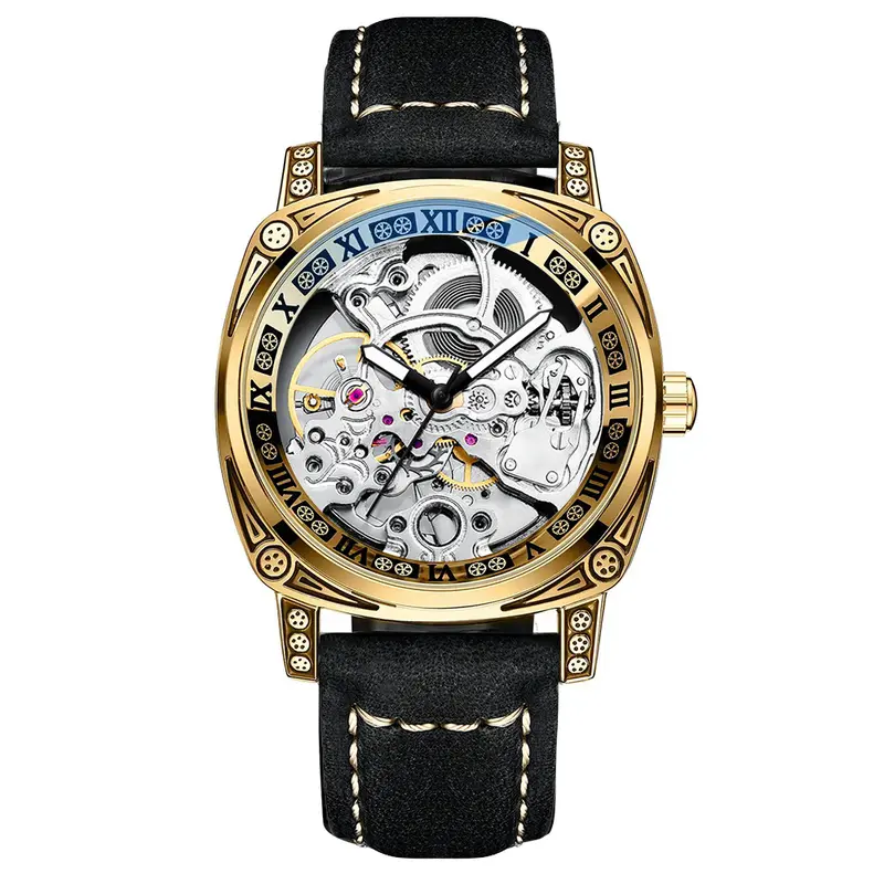 Đồng hồ cơ Automatic chính hãng BINBOND TV9 2024 thiết kế mới hoa văn cổ điển - Dây da lộn - Lộ cơ trước sau chống nước 30M 2