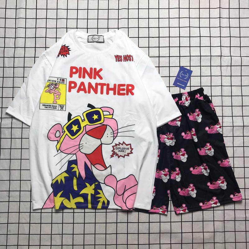 Set Đồ Bộ In Hình Chú Báo Hồng cartoon 3D Cute DB45-Lapi VN Áo+ Quần Đùi Vải Thun Cotton Thoáng Mát Unisex Cổ Tròn Freesize 40-65kg