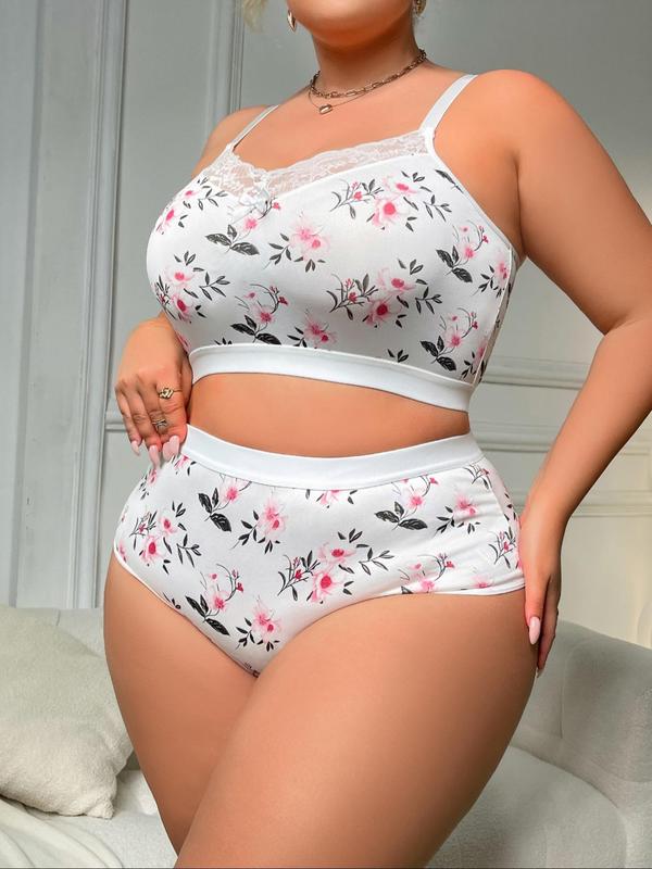 【Plus Size】 Two-Piece Set Floral Print Bow Decor Contrast Lace Bra & High Waist Panty, Adjustable Spaghetti Strap Wireless Bra & High Rise Panty, Women's Lingerie Set for All Seasons 2