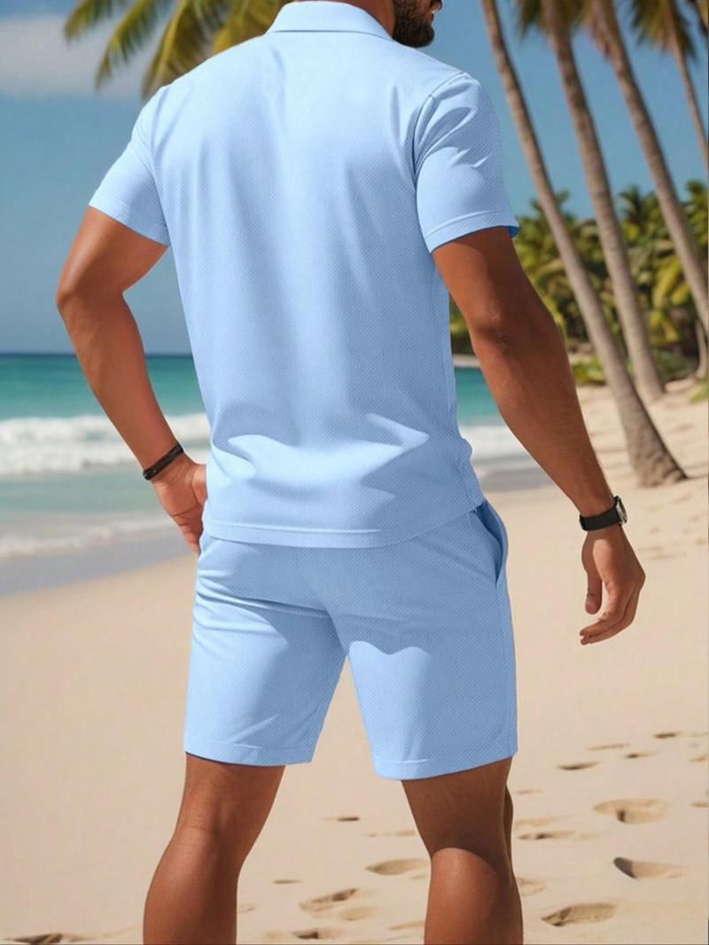 Product Introduction of Men's Letter & Geometric Print Polo Shirt & Shorts Set, Regular Fit Casual Short Sleeve Top & Track Shorts, Men Summer Set for Outdoor 4