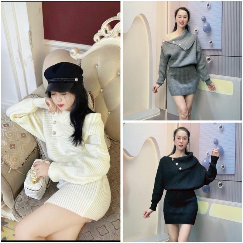 Váy Đầm Len Trễ Vai Đính Khuy Tay Dài Dáng Ôm Body Freesize Cho Nữ Dưới 55kg - Huyền Thanh Shop Women Nhung Dress 3 Màu Trắng/Đen/Xám 3