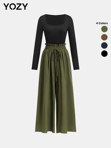 YOZY Women's Patchwork Print Frill Trim Shirred Waist Wide Leg Jumpsuit, Casual Comfy Square Neck Long Sleeve Jumpsuit for Daily Wear, Ladies Clothes for All Seasons