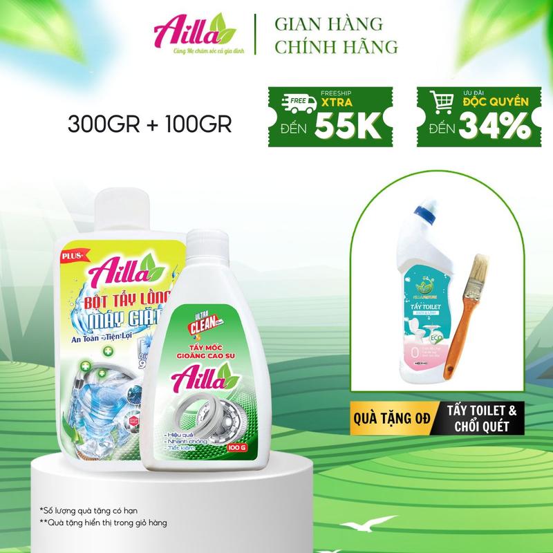 [Chỉ Có Trên Live] Combo Vệ Sinh Máy Giặt: Bột Tẩy Lồng Máy Giặt Ailla 300Gr & Tẩy Mốc Gioăng Cao Su Ailla 100Gr (Tặng 1 Chai Tẩy Toilet Ailla + 1 Chổi Quét) Làm Sạch Hiệu Quả