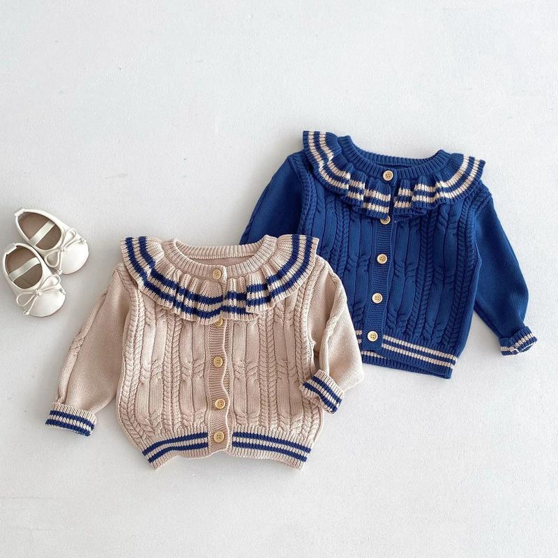 Product Introduction of Ins 2024 Autumn Baby Girls Knit Cardigan Sweater Lotus Collar Ruffle Line Collar Children Winter Solid Thicken Warm Knitwear Top 9