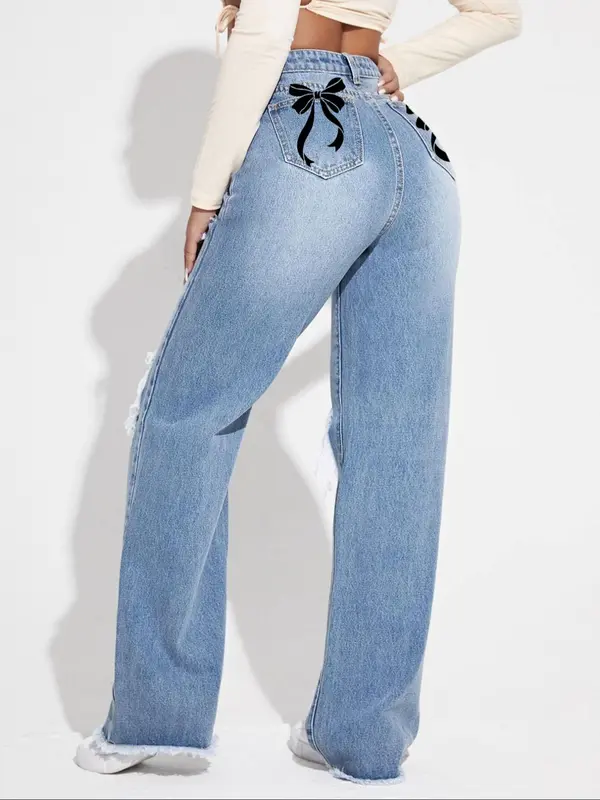 Women's Ripped Jeans, Casual Comfy Button Pocket Denim Trousers for Summer, Fashion Women's Bottoms for Daily Wear 3