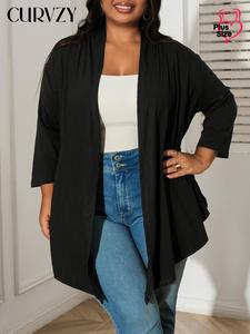 CURVZY Plus Size Autumn Aesthetic Solid Drop Shoulder Pocket Cardingan Coat, Casual Long Sleeve Open Front Outerwear for Spring & Fall, Women's Clothes for Daily Wear