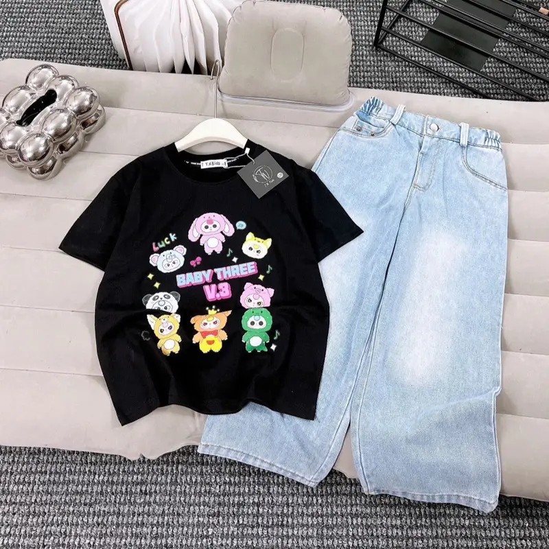(24-50kg) bộ quần áo trẻ em , sét áo cotton baby threee quần jean xuông bé gái size đại