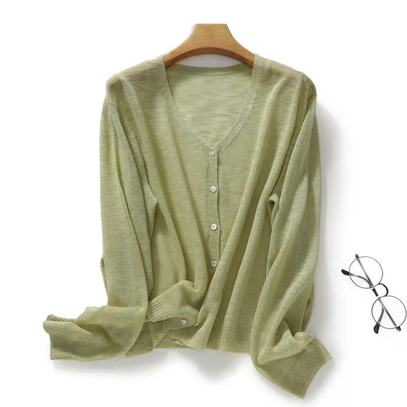 Áo Cardigan Dệt Kim, Chất Liệu Vải Lanh Slub, Dành Cho Nữ, Mỏng, Cổ Tròn, Áo Khoác Lụa Lạnh Áo Dáng Rộng áo  khoác  len  nữ bigsize cardigan  croptop  nữ áo  lyly cardigan  hồng cardigan  nơ 0