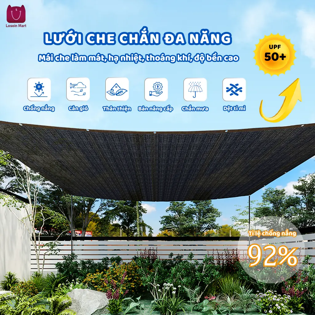 Lưới che nắng 3mx5m, Bạt che nắng ban công ngoài trời, lưới 96% chặn tia uv hiệu quả