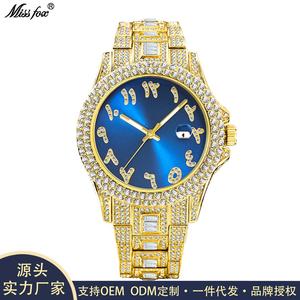 Jam Tangan Kuarza, MISSFOX, Jenama Terkenal Terlaris di Asia Tenggara, Gaya Hip-Hop Eropah dan Amerika, Berlian Penuh, Sesuai untuk Perniagaan, Kalis Air, Reka Bentuk Unik, Warna Emas, Fesyen, Untuk Lelaki