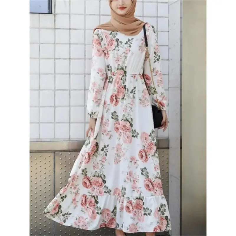 2024 Spring Summer Print Waisted Muslim Dress Women Abayas Big Swing Long Dresses Eid Robe Femme O Neck Long Sleeve Long Clothing