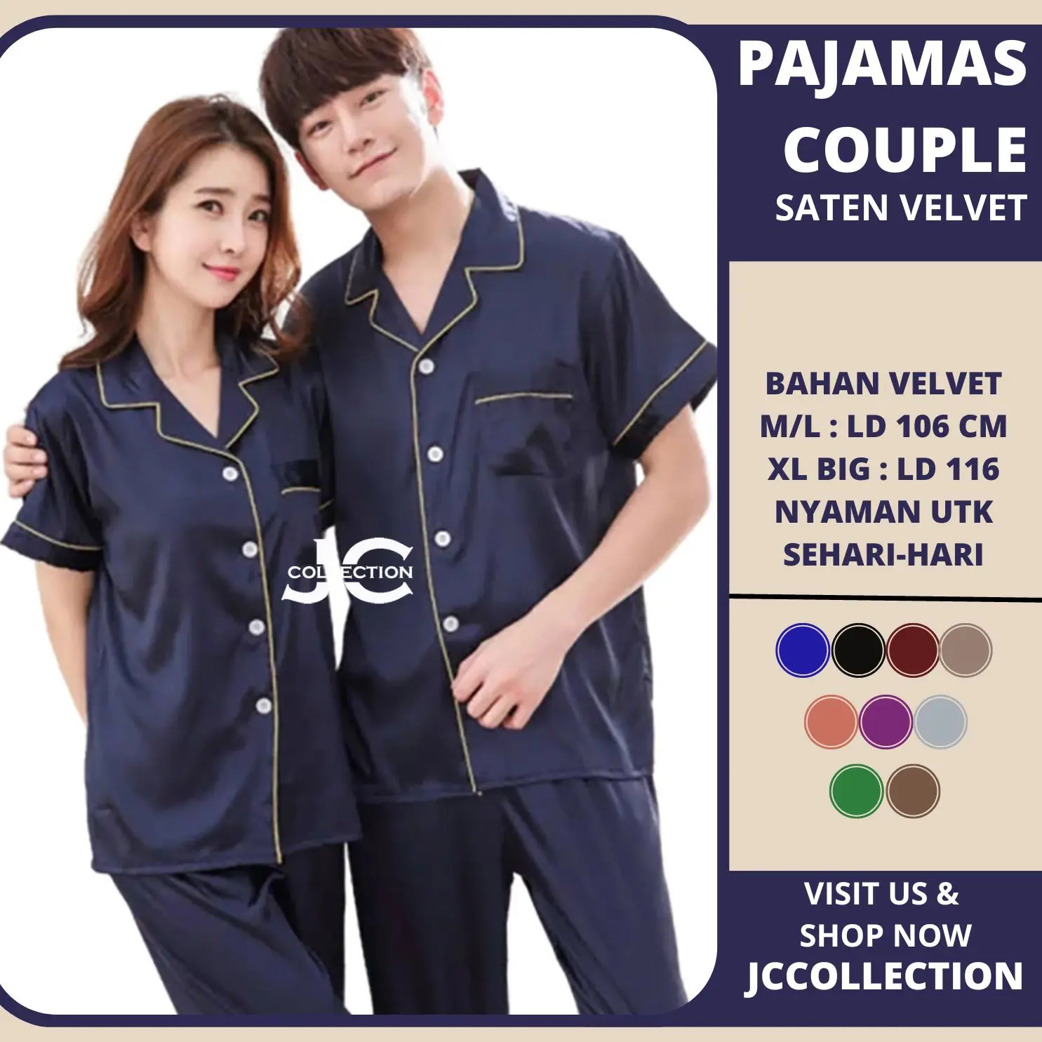 Piyama Couple Jumbo Velvet Lengan Pendek Celana Panjang / Pajamas Saten Wanita CP JCCollections.id / Baju Piyama  Wanita Satin Pasangan Setelan Polos