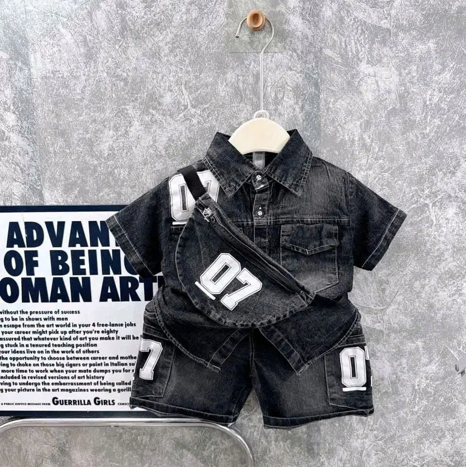 (Tặng Kèm Túi) Bộ Jean 3 Chi Tiết Bé Trai 10-30kg Chất jean mềm mại co giãn