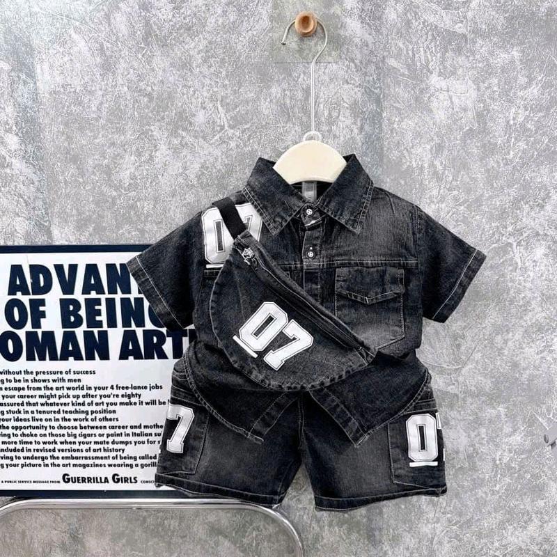 (Tặng Kèm Túi) Bộ Jean 3 Chi Tiết Bé Trai 10-30kg Chất jean mềm mại co giãn 0