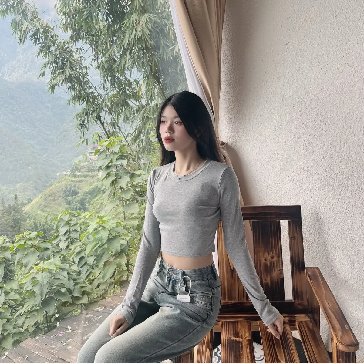 TiDi - Áo Thun Bozip Dài Tay Nữ Tính Dáng Ngắn Cổ Tròn, Áo Thun Croptop Trơn Dài Tay Phong Cách Hàn Quốc Women Sơ Mi Nhung