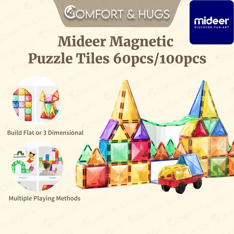 SG Official Mideer Magnetic Tiles - 60PCS/ 100PCS/ Marble Run 100 Pcs/ Racing Set 115pcs/36pcs/40pcs