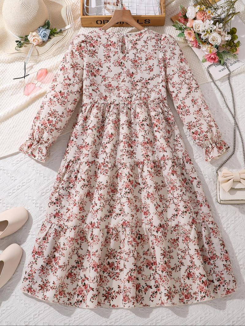 Product Introduction of Girl's All Over Print Ruffle Trim Dress, Elegant Long Sleeve Round Neck Dress for Party Holiday Wedding Guest, Kids Fall & Winter Clothes 8