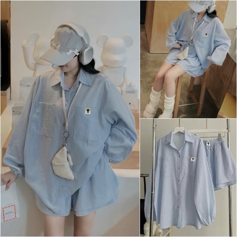 Sét Bộ Thêu Mèo Gồm Áo Sơ Mi Kẻ Form Rộng Kèm Quần 2 Tầng Chất Đũi Xốp