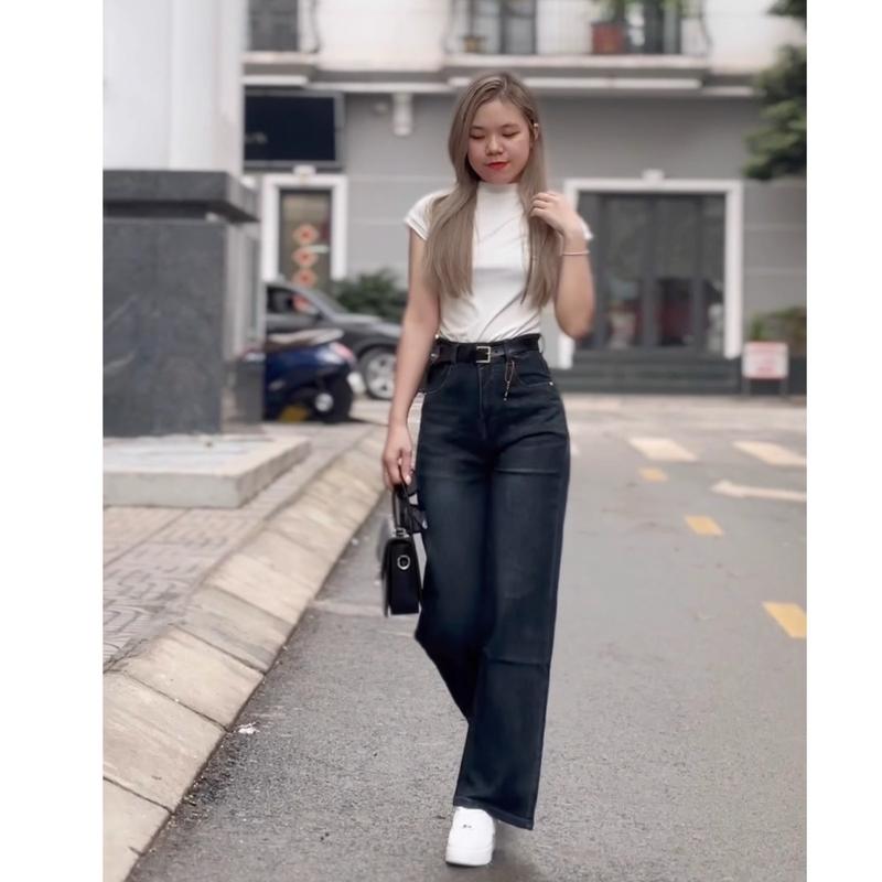 0473 BL457 BIGSIZE live Quần jean nữ ống suông rộng lưng cao co dãn , quần bò nữ ống rộng cạp cao trơn cuốn gấu basic  Pants