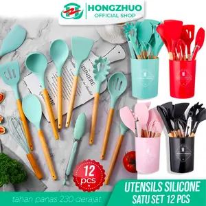 Tifale X HL (COD) Silicone Utensil 12 Pcs Spatula eralatan Masak Sutil Pegangan Kayu Baking Set Alat Masak GRATIS ONGKIR dapur hitam Kuas Merah