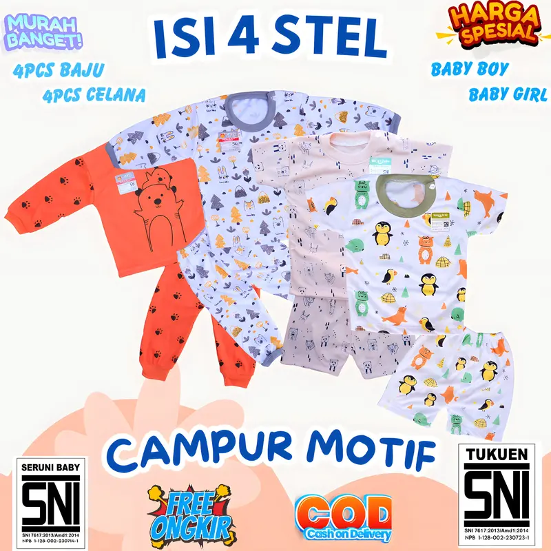 FREE KACAMATA PAKET HEMAT 60RB  DAPAT 4 STEL BAJU BAYI SNI 0-12 BULAN RANDOM MOTIF Bunda Parsel 6