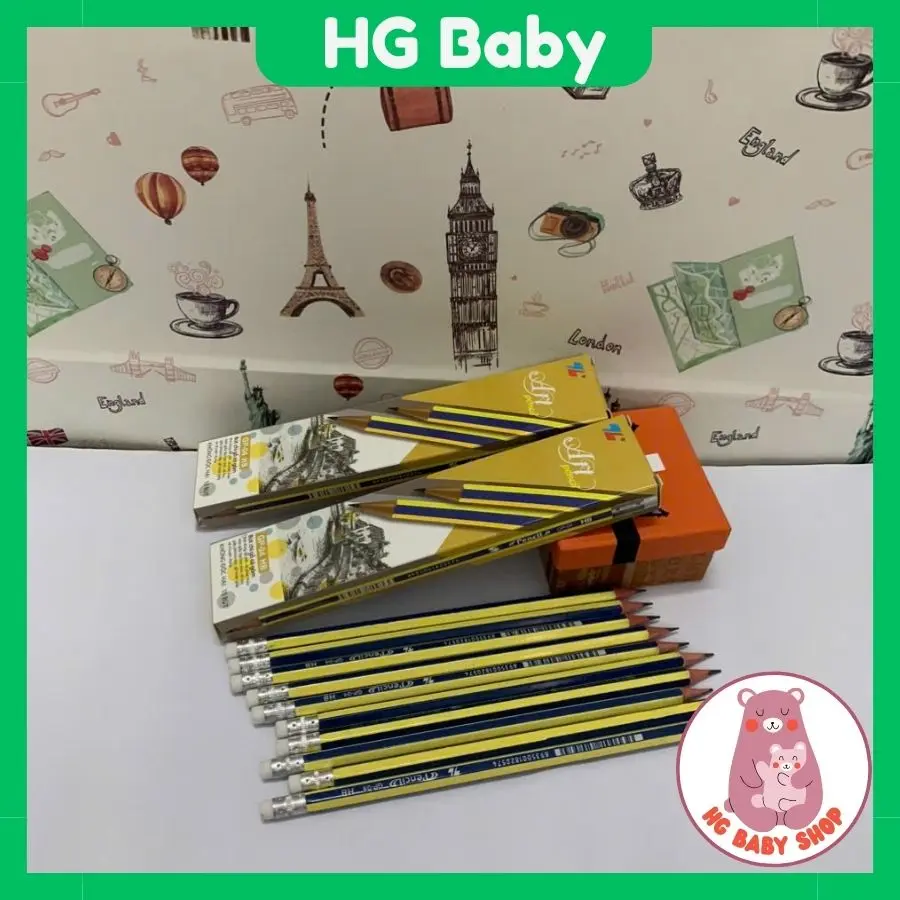 HỘP 10 CÂY BÚT CHÌ GỖ GP-04 HB CÓ GÔM, THÂN SỌC XANH VÀNG  CHO CÁC BÉ TỪ MẦM NON, SINH VIÊN VÀ NHÂN VIÊN VĂN PHÒNG.