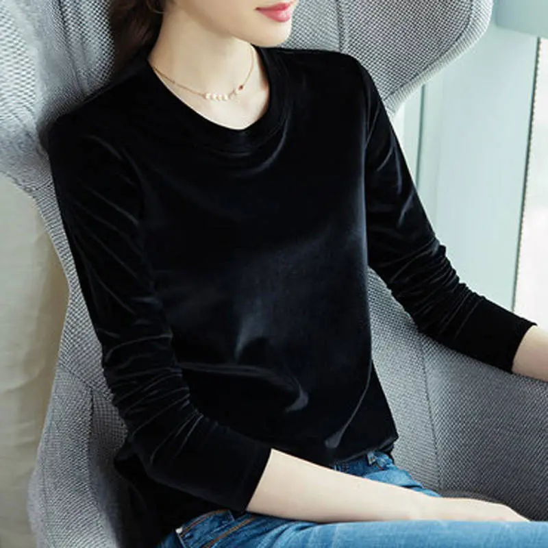 Áo Sơ Mi Cơ Sở Pleuche Cổ Tròn Cho Nữ, Phong Cách Mỹ, Dáng Rộng Vừa Vặn, Phong Cách Thường Ngày Áo Thun Dài Tay, Phong Cách Hàn Quốc, Ngoại Cỡ, Thích Hợp Cho Mùa Xuân Và Mùa Thu, Dáng Rộng Và Ấm Áp, 2024 Top Women