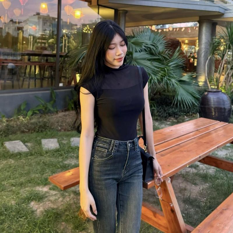 Dung Anh - Áo thun lưới dễ mixx hàng đẹp fom ôm cổ cao 3p