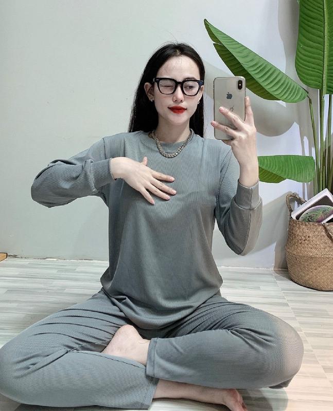 Sét đồ nữ Len Gân Sét ủ kem quần dài ống ôm áo phom rộng Tay dài