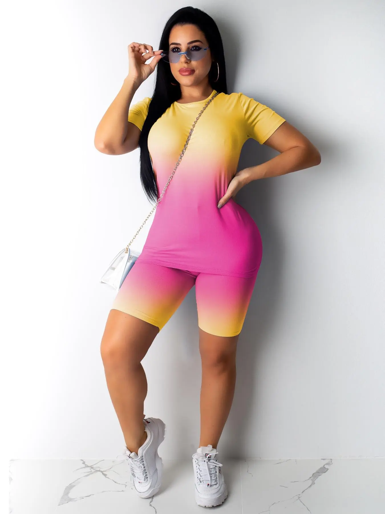 Two-piece Set Women's Baggy  Ombre Print Short Sleeve T-shirt & High Waist Short Leggings Set, Casual Round Neck Tee & Skinny Shorts, Women's Summer Clothes for Daily Wear