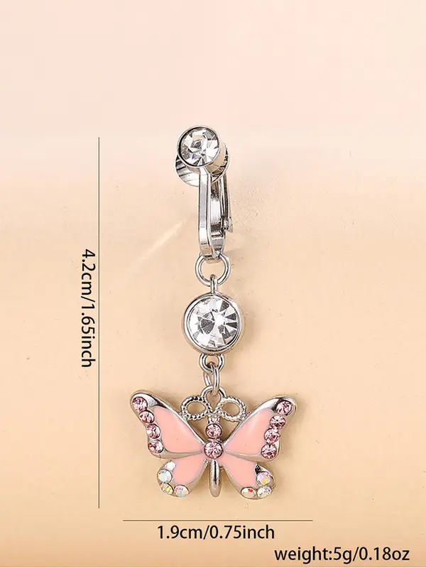 Rhinestone Butterfly Charm Fake Belly Button Ring, Women Belly No Piercing Body Jewelry, for Crop Top Decor 1