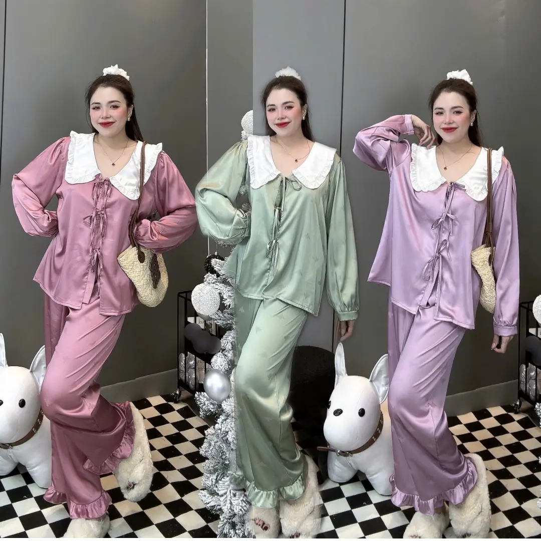 Đồ bộ tay dài phong cách tiểu thư chất liệu lụa gấm trơn họa tiết in chìm, form áo cột dây không hở cho nữ size 45-80kg