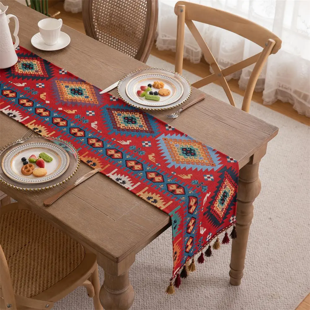 Geometric Pattern Table Runner, 1 Count Boho Style Tablecloth with Tassel, Vintage Table Runner for Home Kitchen Dining Room Decor