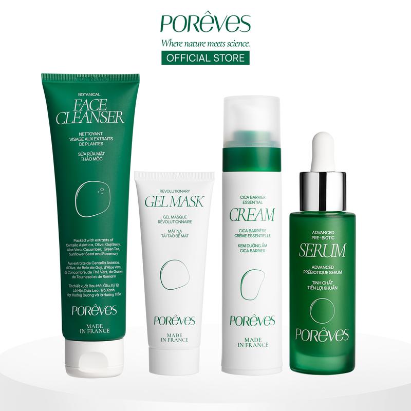 PORÊVES Cosmetic Trọn Bộ 4 Sản Phẩm Skincare Dưỡng Da, Gel Rửa Mặt Thảo Mộc, Mặt Nạ Tẩy Tế Bào Chết, Serum Tiền Lợi Khuẩn