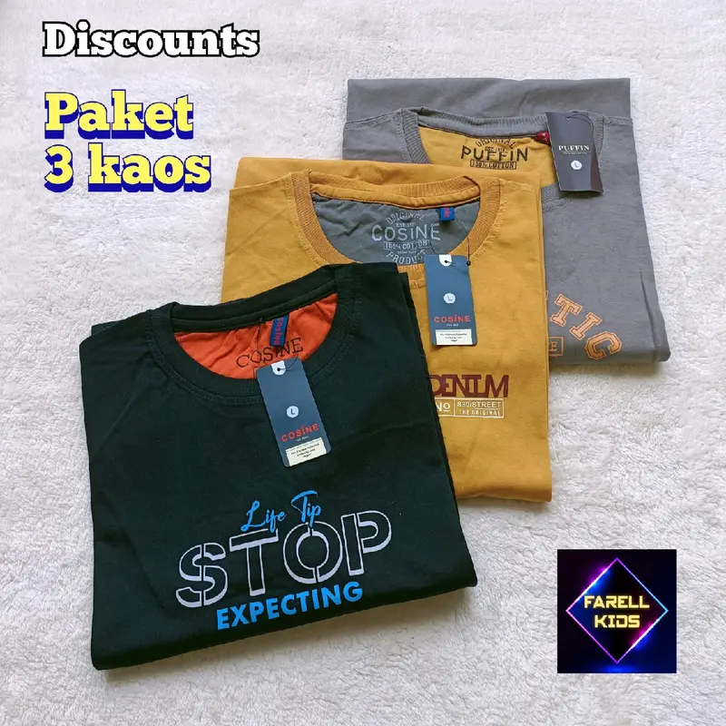 paket 3 kaos anak tanggung / kaos puffin & cosine / baju anak laki laki terbaru / bahan tebal motif fashion 1