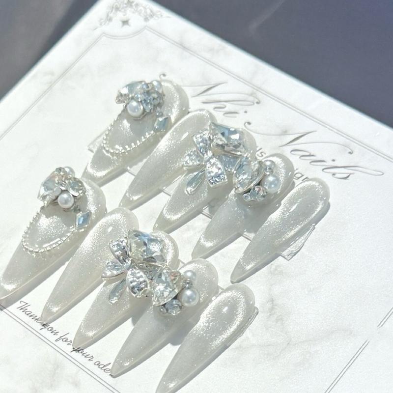  N192  bộ 10 chiếc nailsbox thủ công thạch gạo phối màu mắt mèo đính đá sang trọng lấp lánh làm nails nữ 